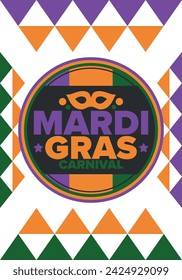 Mardi Gras Carnival in New Orleans. Fat Tuesday. Traditional holiday, celebration annual. Folk festival, costume masquerade, fun party. Carnival mask. Poster, card, banner and background. Vector