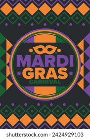 Mardi Gras Karneval in New Orleans. Fat Tuesday. Traditioneller Feiertag, jährliche Feier. Volksfest, Kostümmaskerade, lustige Party. Karnevalsmaske. Poster, Karte, Banner und Hintergrund. Vektor