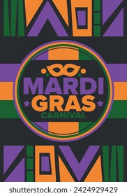 Mardi Gras Karneval in New Orleans. Fat Tuesday. Traditioneller Feiertag, jährliche Feier. Volksfest, Kostümmaskerade, lustige Party. Karnevalsmaske. Poster, Karte, Banner und Hintergrund. Vektor