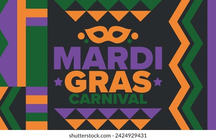 Mardi Gras Karneval in New Orleans. Fat Tuesday. Traditioneller Feiertag, jährliche Feier. Volksfest, Kostümmaskerade, lustige Party. Karnevalsmaske. Poster, Karte, Banner und Hintergrund. Vektor