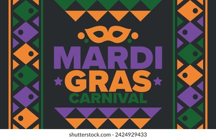 Mardi Gras Karneval in New Orleans. Fat Tuesday. Traditioneller Feiertag, jährliche Feier. Volksfest, Kostümmaskerade, lustige Party. Karnevalsmaske. Poster, Karte, Banner und Hintergrund. Vektor