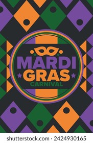 Mardi Gras Karneval in New Orleans. Fat Tuesday. Traditioneller Feiertag, jährliche Feier. Volksfest, Kostümmaskerade, lustige Party. Karnevalsmaske. Poster, Karte, Banner und Hintergrund. Vektor