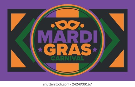 Mardi Gras Karneval in New Orleans. Fat Tuesday. Traditioneller Feiertag, jährliche Feier. Volksfest, Kostümmaskerade, lustige Party. Karnevalsmaske. Poster, Karte, Banner und Hintergrund. Vektor