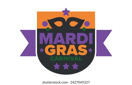 Mardi Gras Karneval in New Orleans. Fat Tuesday. Traditioneller Feiertag, jährliche Feier. Volksfest, Kostümmaskerade, lustige Party. Karnevalsmaske. Poster, Karte, Banner und Hintergrund. Vektor