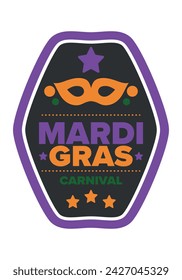 Mardi Gras Karneval in New Orleans. Fat Tuesday. Traditioneller Feiertag, jährliche Feier. Volksfest, Kostümmaskerade, lustige Party. Karnevalsmaske. Poster, Karte, Banner und Hintergrund. Vektor