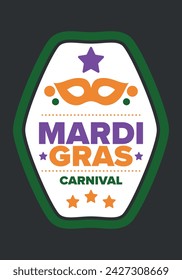 Mardi Gras Karneval in New Orleans. Fat Tuesday. Traditioneller Feiertag, jährliche Feier. Volksfest, Kostümmaskerade, lustige Party. Karnevalsmaske. Poster, Karte, Banner und Hintergrund. Vektor