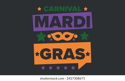 Mardi Gras Karneval in New Orleans. Fat Tuesday. Traditioneller Feiertag, jährliche Feier. Volksfest, Kostümmaskerade, lustige Party. Karnevalsmaske. Poster, Karte, Banner und Hintergrund. Vektor