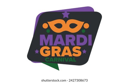 Mardi Gras Karneval in New Orleans. Fat Tuesday. Traditioneller Feiertag, jährliche Feier. Volksfest, Kostümmaskerade, lustige Party. Karnevalsmaske. Poster, Karte, Banner und Hintergrund. Vektor