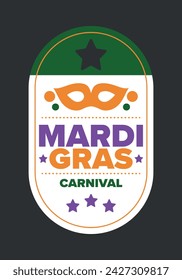 Mardi Gras Carnival in New Orleans. Fat Tuesday. Traditional holiday, celebration annual. Folk festival, costume masquerade, fun party. Carnival mask. Poster, card, banner and background. Vector