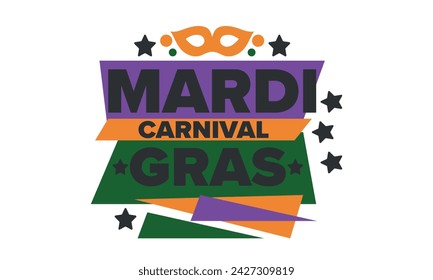 Mardi Gras Carnival in New Orleans. Fat Tuesday. Traditional holiday, celebration annual. Folk festival, costume masquerade, fun party. Carnival mask. Poster, card, banner and background. Vector