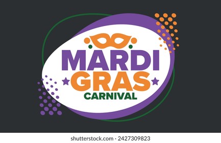 Mardi Gras Karneval in New Orleans. Fat Tuesday. Traditioneller Feiertag, jährliche Feier. Volksfest, Kostümmaskerade, lustige Party. Karnevalsmaske. Poster, Karte, Banner und Hintergrund. Vektor