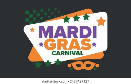 Mardi Gras Karneval in New Orleans. Fat Tuesday. Traditioneller Feiertag, jährliche Feier. Volksfest, Kostümmaskerade, lustige Party. Karnevalsmaske. Poster, Karte, Banner und Hintergrund. Vektor