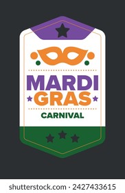 Mardi Gras Karneval in New Orleans. Fat Tuesday. Traditioneller Feiertag, jährliche Feier. Volksfest, Kostümmaskerade, lustige Party. Karnevalsmaske. Poster, Karte, Banner und Hintergrund. Vektor