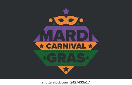 Mardi Gras Karneval in New Orleans. Fat Tuesday. Traditioneller Feiertag, jährliche Feier. Volksfest, Kostümmaskerade, lustige Party. Karnevalsmaske. Poster, Karte, Banner und Hintergrund. Vektor