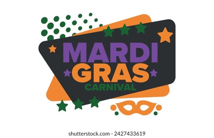 Mardi Gras Karneval in New Orleans. Fat Tuesday. Traditioneller Feiertag, jährliche Feier. Volksfest, Kostümmaskerade, lustige Party. Karnevalsmaske. Poster, Karte, Banner und Hintergrund. Vektor