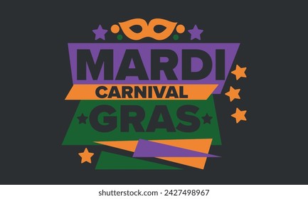 Mardi Gras Karneval in New Orleans. Fat Tuesday. Traditioneller Feiertag, jährliche Feier. Volksfest, Kostümmaskerade, lustige Party. Karnevalsmaske. Poster, Karte, Banner und Hintergrund. Vektor