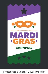 Mardi Gras Carnival in New Orleans. Fat Tuesday. Traditional holiday, celebration annual. Folk festival, costume masquerade, fun party. Carnival mask. Poster, card, banner and background. Vector