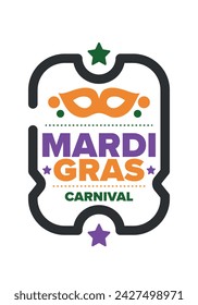 Mardi Gras Karneval in New Orleans. Fat Tuesday. Traditioneller Feiertag, jährliche Feier. Volksfest, Kostümmaskerade, lustige Party. Karnevalsmaske. Poster, Karte, Banner und Hintergrund. Vektor