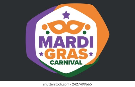 Mardi Gras Karneval in New Orleans. Fat Tuesday. Traditioneller Feiertag, jährliche Feier. Volksfest, Kostümmaskerade, lustige Party. Karnevalsmaske. Poster, Karte, Banner und Hintergrund. Vektor