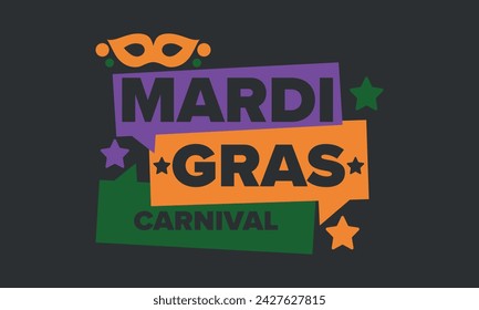 Mardi Gras Karneval in New Orleans. Fat Tuesday. Traditioneller Feiertag, jährliche Feier. Volksfest, Kostümmaskerade, lustige Party. Karnevalsmaske. Poster, Karte, Banner und Hintergrund. Vektor