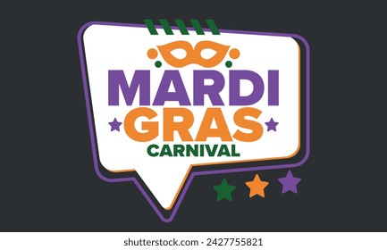 Mardi Gras Karneval in New Orleans. Fat Tuesday. Traditioneller Feiertag, jährliche Feier. Volksfest, Kostümmaskerade, lustige Party. Karnevalsmaske. Poster, Karte, Banner und Hintergrund. Vektor