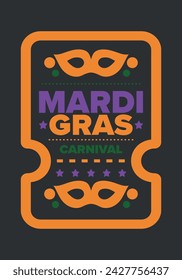 Mardi Gras Karneval in New Orleans. Fat Tuesday. Traditioneller Feiertag, jährliche Feier. Volksfest, Kostümmaskerade, lustige Party. Karnevalsmaske. Poster, Karte, Banner und Hintergrund. Vektor