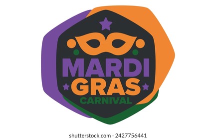 Mardi Gras Karneval in New Orleans. Fat Tuesday. Traditioneller Feiertag, jährliche Feier. Volksfest, Kostümmaskerade, lustige Party. Karnevalsmaske. Poster, Karte, Banner und Hintergrund. Vektor