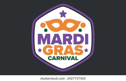 Mardi Gras Karneval in New Orleans. Fat Tuesday. Traditioneller Feiertag, jährliche Feier. Volksfest, Kostümmaskerade, lustige Party. Karnevalsmaske. Poster, Karte, Banner und Hintergrund. Vektor