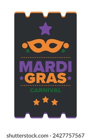 Mardi Gras Karneval in New Orleans. Fat Tuesday. Traditioneller Feiertag, jährliche Feier. Volksfest, Kostümmaskerade, lustige Party. Karnevalsmaske. Poster, Karte, Banner und Hintergrund. Vektor