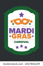 Mardi Gras Karneval in New Orleans. Fat Tuesday. Traditioneller Feiertag, jährliche Feier. Volksfest, Kostümmaskerade, lustige Party. Karnevalsmaske. Poster, Karte, Banner und Hintergrund. Vektor