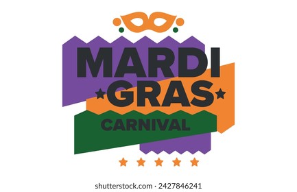 Mardi Gras Karneval in New Orleans. Fat Tuesday. Traditioneller Feiertag, jährliche Feier. Volksfest, Kostümmaskerade, lustige Party. Karnevalsmaske. Poster, Karte, Banner und Hintergrund. Vektor