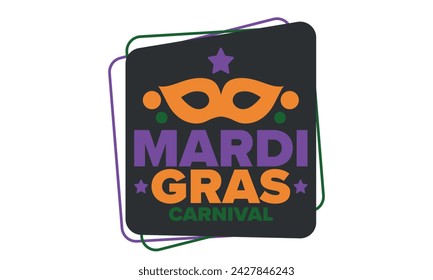 Mardi Gras Karneval in New Orleans. Fat Tuesday. Traditioneller Feiertag, jährliche Feier. Volksfest, Kostümmaskerade, lustige Party. Karnevalsmaske. Poster, Karte, Banner und Hintergrund. Vektor