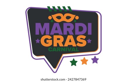 Mardi Gras Karneval in New Orleans. Fat Tuesday. Traditioneller Feiertag, jährliche Feier. Volksfest, Kostümmaskerade, lustige Party. Karnevalsmaske. Poster, Karte, Banner und Hintergrund. Vektor