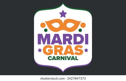 Mardi Gras Karneval in New Orleans. Fat Tuesday. Traditioneller Feiertag, jährliche Feier. Volksfest, Kostümmaskerade, lustige Party. Karnevalsmaske. Poster, Karte, Banner und Hintergrund. Vektor