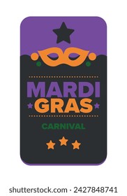 Mardi Gras Karneval in New Orleans. Fat Tuesday. Traditioneller Feiertag, jährliche Feier. Volksfest, Kostümmaskerade, lustige Party. Karnevalsmaske. Poster, Karte, Banner und Hintergrund. Vektor