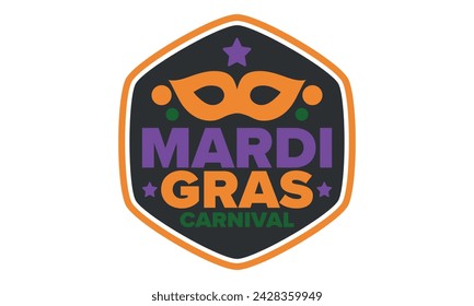 Mardi Gras Karneval in New Orleans. Fat Tuesday. Traditioneller Feiertag, jährliche Feier. Volksfest, Kostümmaskerade, lustige Party. Karnevalsmaske. Poster, Karte, Banner und Hintergrund. Vektor