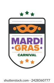 Mardi Gras Karneval in New Orleans. Fat Tuesday. Traditioneller Feiertag, jährliche Feier. Volksfest, Kostümmaskerade, lustige Party. Karnevalsmaske. Poster, Karte, Banner und Hintergrund. Vektor