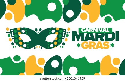 Mardi Gras Carnival in New Orleans. Fat Tuesday. Traditional folk festival with parade and celebration. Annual holiday. Costume masquerade, fun party. Carnival mask. Poster, card, banner. Vector