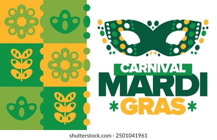 Mardi Gras Carnival in New Orleans. Fat Tuesday. Traditional folk festival with parade and celebration. Annual holiday. Costume masquerade, fun party. Carnival mask. Poster, card, banner. Vector