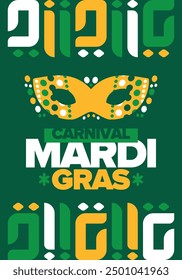 Mardi Gras Carnival in New Orleans. Fat Tuesday. Traditional folk festival with parade and celebration. Annual holiday. Costume masquerade, fun party. Carnival mask. Poster, card, banner. Vector