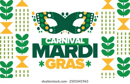 Mardi Gras Carnival in New Orleans. Fat Tuesday. Traditional folk festival with parade and celebration. Annual holiday. Costume masquerade, fun party. Carnival mask. Poster, card, banner. Vector