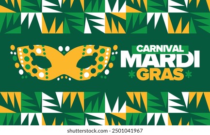 Mardi Gras Carnival in New Orleans. Fat Tuesday. Traditional folk festival with parade and celebration. Annual holiday. Costume masquerade, fun party. Carnival mask. Poster, card, banner. Vector