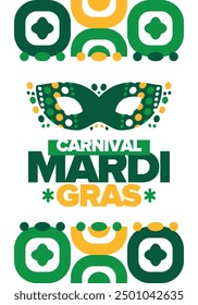 Mardi Gras Carnival in New Orleans. Fat Tuesday. Traditional folk festival with parade and celebration. Annual holiday. Costume masquerade, fun party. Carnival mask. Poster, card, banner. Vector