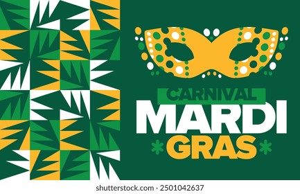 Mardi Gras Carnival in New Orleans. Fat Tuesday. Traditional folk festival with parade and celebration. Annual holiday. Costume masquerade, fun party. Carnival mask. Poster, card, banner. Vector