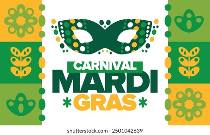 Mardi Gras Carnival in New Orleans. Fat Tuesday. Traditional folk festival with parade and celebration. Annual holiday. Costume masquerade, fun party. Carnival mask. Poster, card, banner. Vector