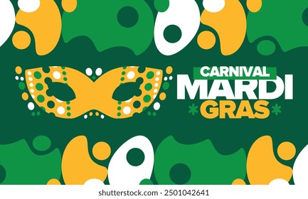 Mardi Gras Carnival in New Orleans. Fat Tuesday. Traditional folk festival with parade and celebration. Annual holiday. Costume masquerade, fun party. Carnival mask. Poster, card, banner. Vector