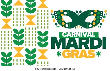 Mardi Gras Carnival in New Orleans. Fat Tuesday. Traditional folk festival with parade and celebration. Annual holiday. Costume masquerade, fun party. Carnival mask. Poster, card, banner. Vector