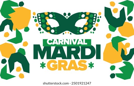 Mardi Gras Carnival in New Orleans. Fat Tuesday. Traditional folk festival with parade and celebration. Annual holiday. Costume masquerade, fun party. Carnival mask. Poster, card, banner. Vector