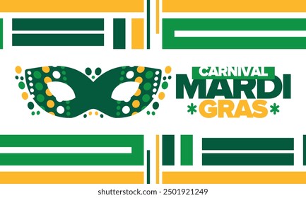 Mardi Gras Carnival in New Orleans. Fat Tuesday. Traditional folk festival with parade and celebration. Annual holiday. Costume masquerade, fun party. Carnival mask. Poster, card, banner. Vector