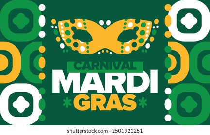 Mardi Gras Carnival in New Orleans. Fat Tuesday. Traditional folk festival with parade and celebration. Annual holiday. Costume masquerade, fun party. Carnival mask. Poster, card, banner. Vector